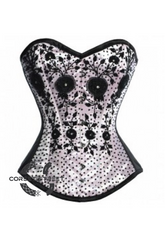 White Satin Black Handmade Sequins Gothic Burlesque Bustier Overbust Corset Costume